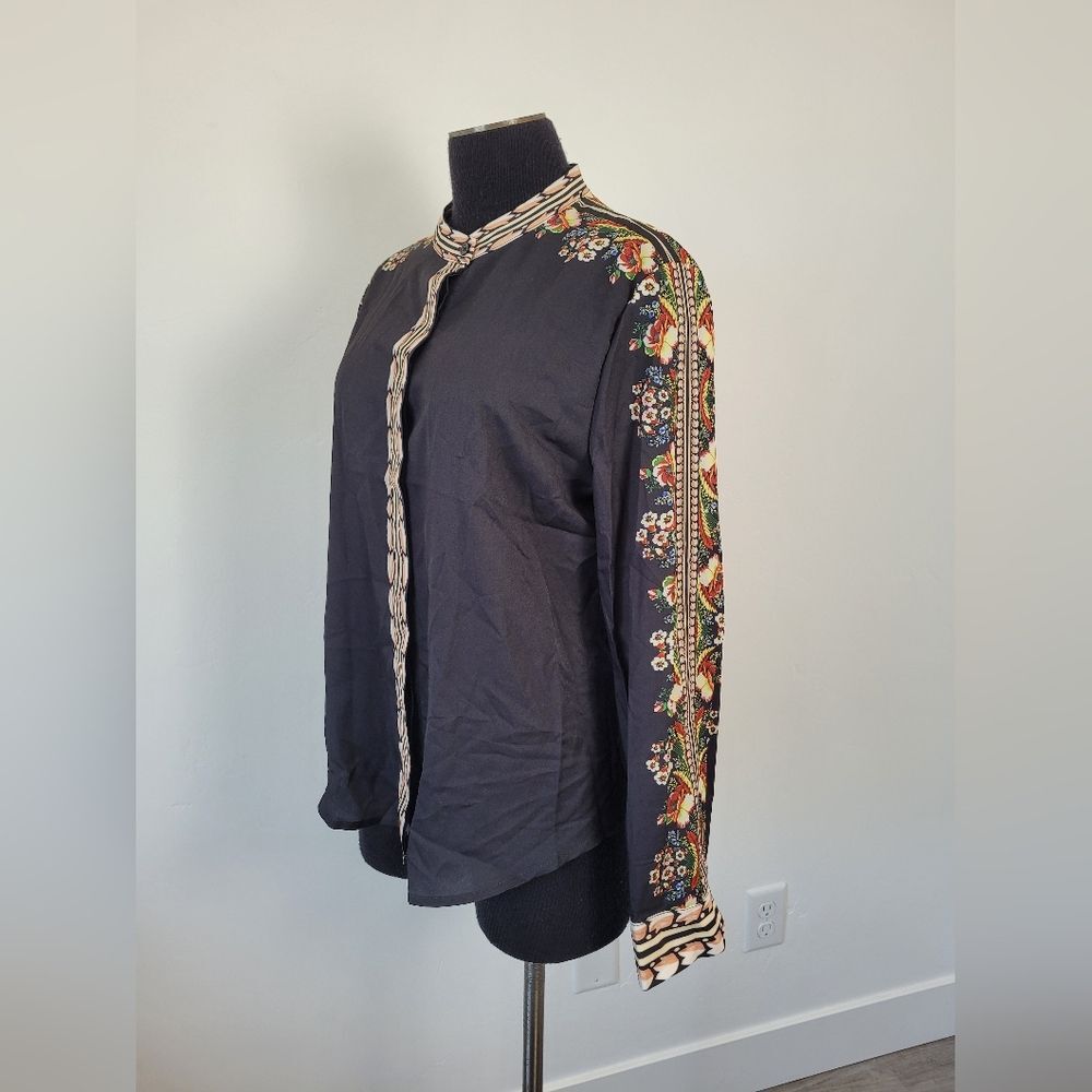 NEW Black Floral Abstract Blouse Top Asian Office Career Boho Indie Oriental 14 - Picture 3 of 12